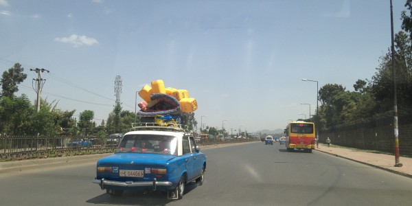 Car with big roof rack, Market, Addis Ababa, May 2015
